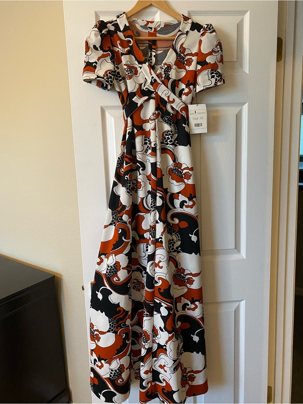 Handmade Vintage Style Floral Maxi Dress Rust Black Cream Boho M
